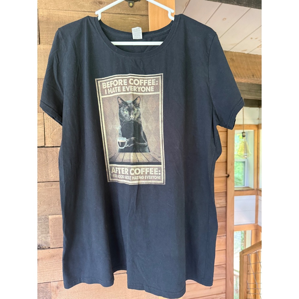 Fruit of the Loom Black Cat Coffee Graphic Tee Shirt Black 3XL Ladies